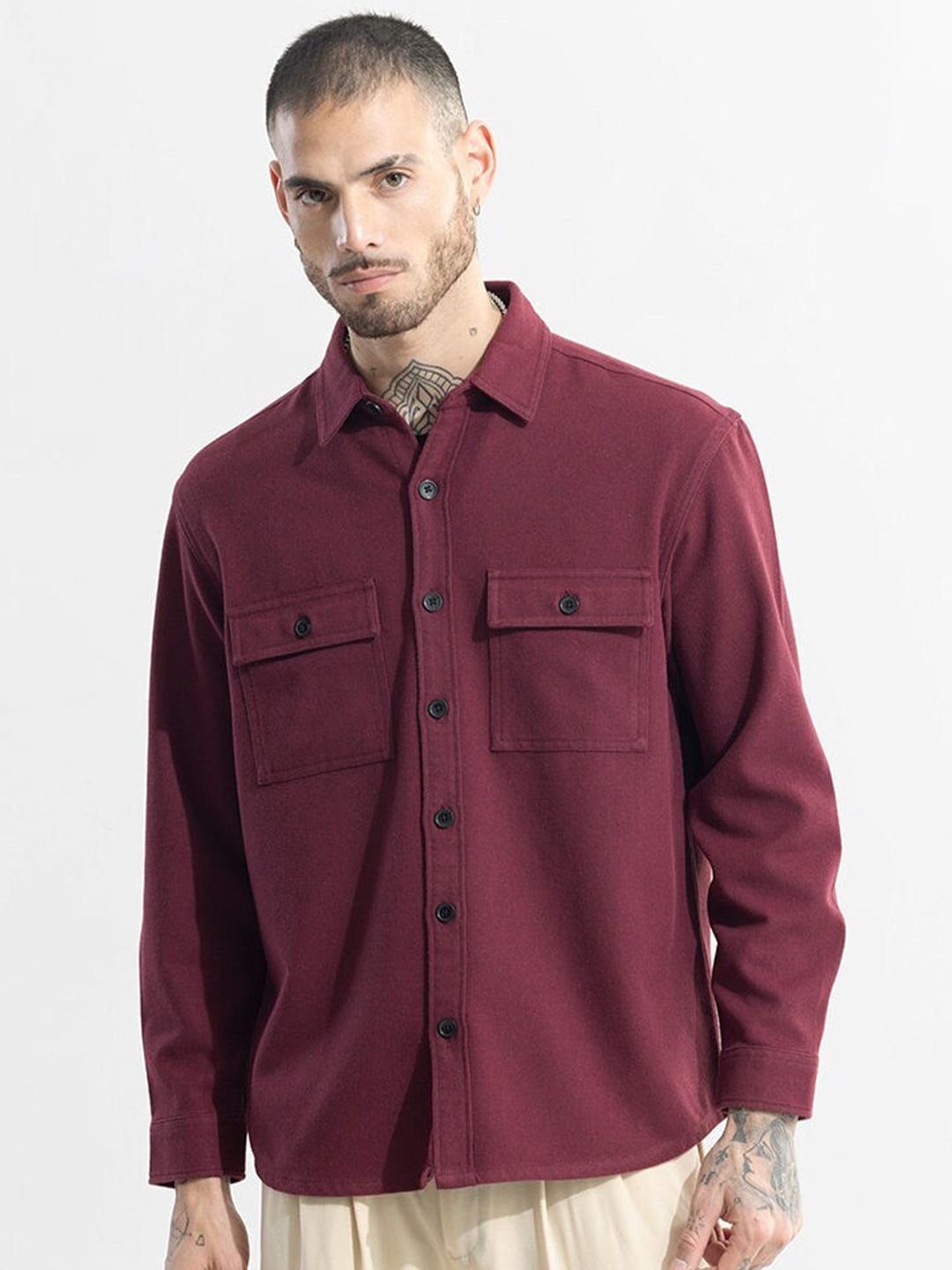 Maroon Classic Relaxed Fit Pure Cotton Casual Overshirt