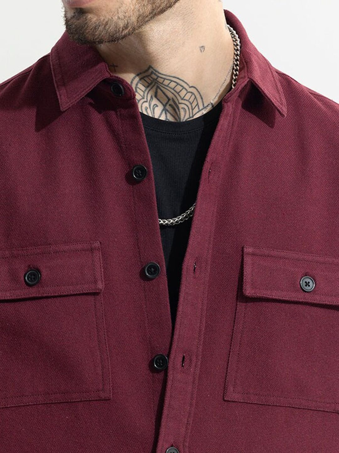 Maroon Classic Relaxed Fit Pure Cotton Casual Overshirt - Image 2