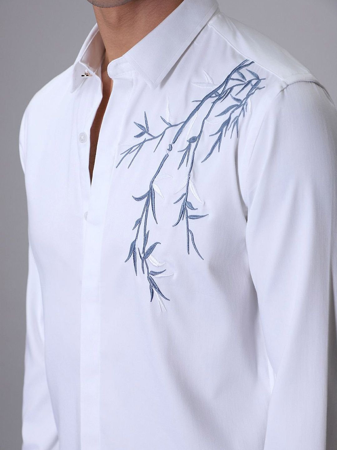 Banana Club Men White Embroidery Slim Fit Casual Shirt - Image 2