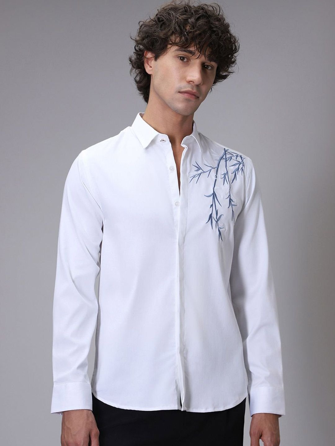 Banana Club Men White Embroidery Slim Fit Casual Shirt - Image 3