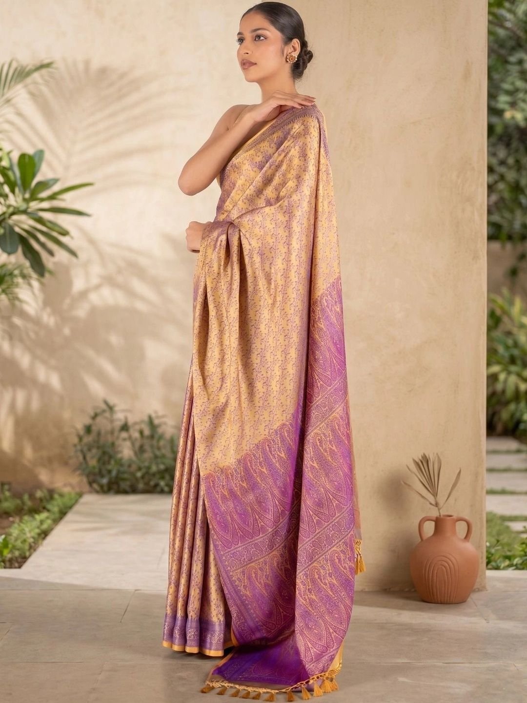 SUNDARI DESIGNS Sundari Designs Golden Katan Silk Tanchoi Banarasi Saree with Blue Buti - Image 2