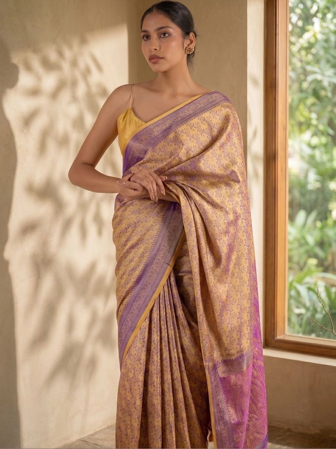 SUNDARI DESIGNS Sundari Designs Golden Katan Silk Tanchoi Banarasi Saree with Blue Buti - Image 3