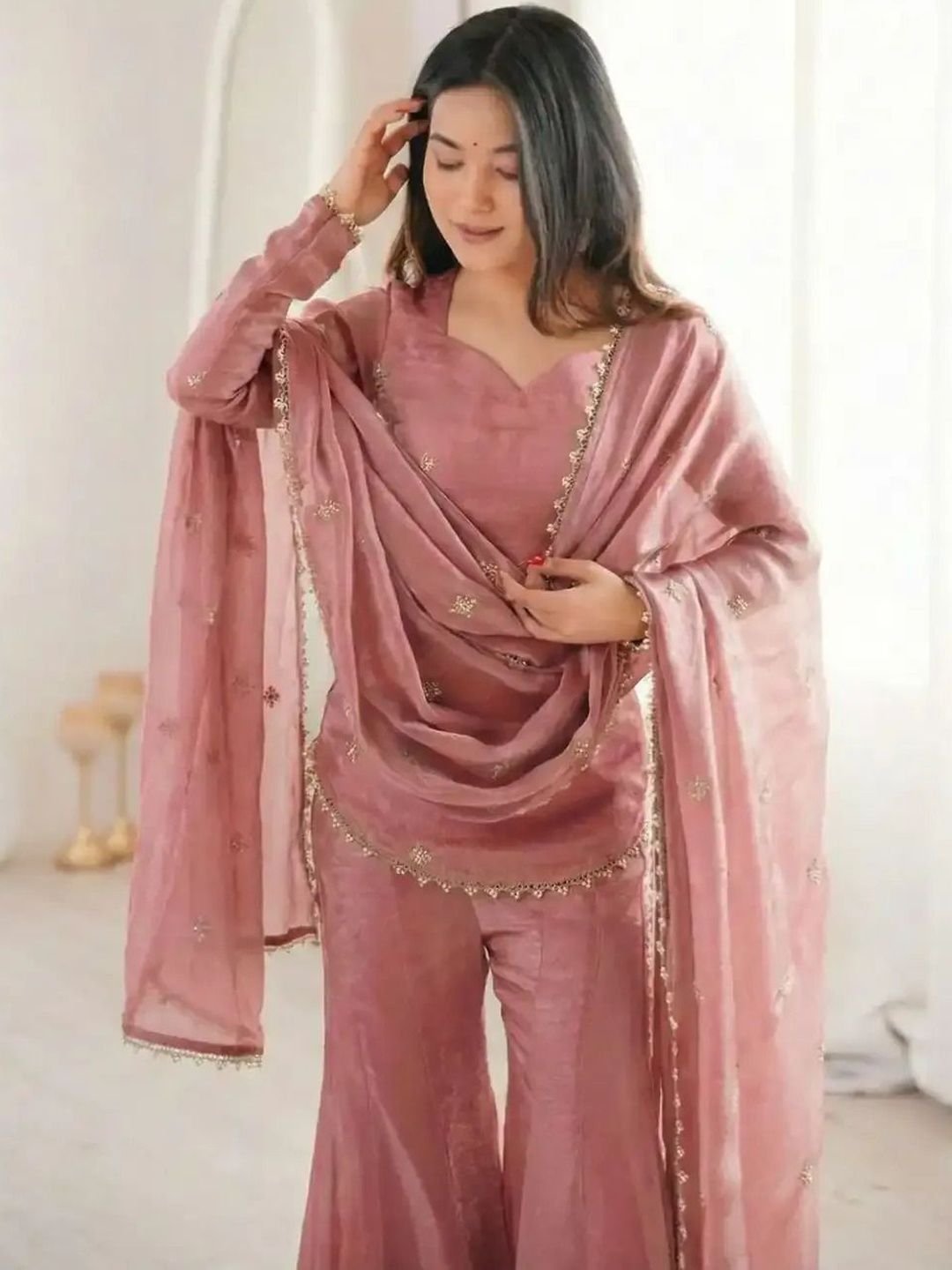 Women Ethnic Motifs Embroidered Regular Raw Silk Kurta with Sharara & With Dupatta - Image 2