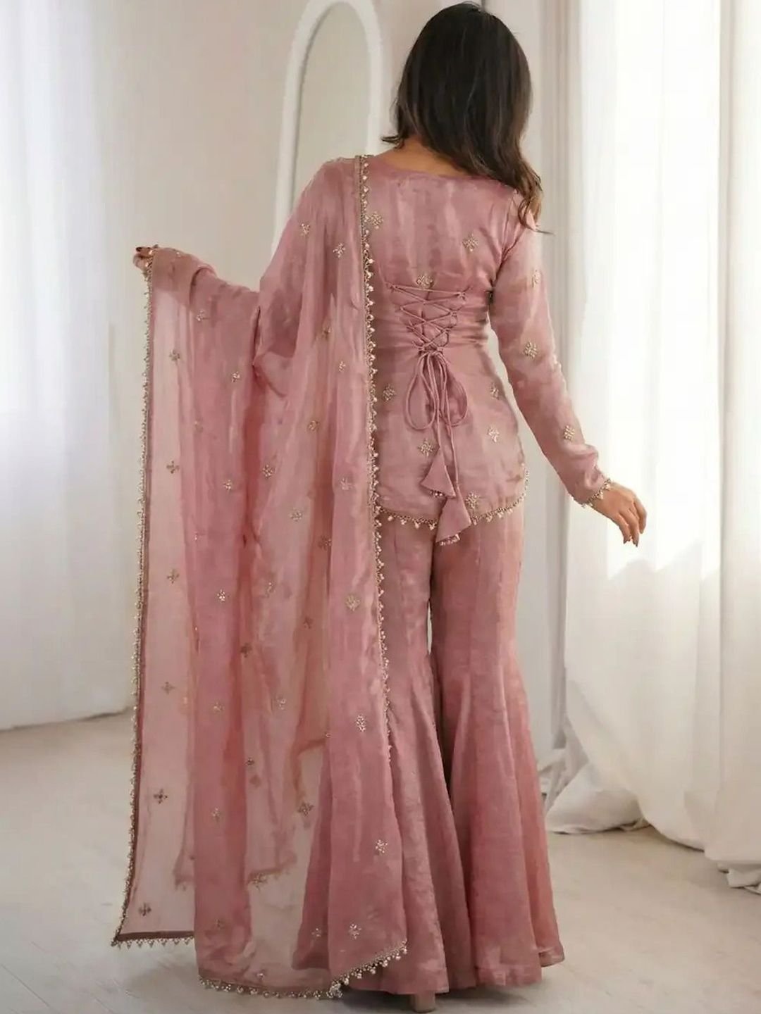 Women Ethnic Motifs Embroidered Regular Raw Silk Kurta with Sharara & With Dupatta - Image 3