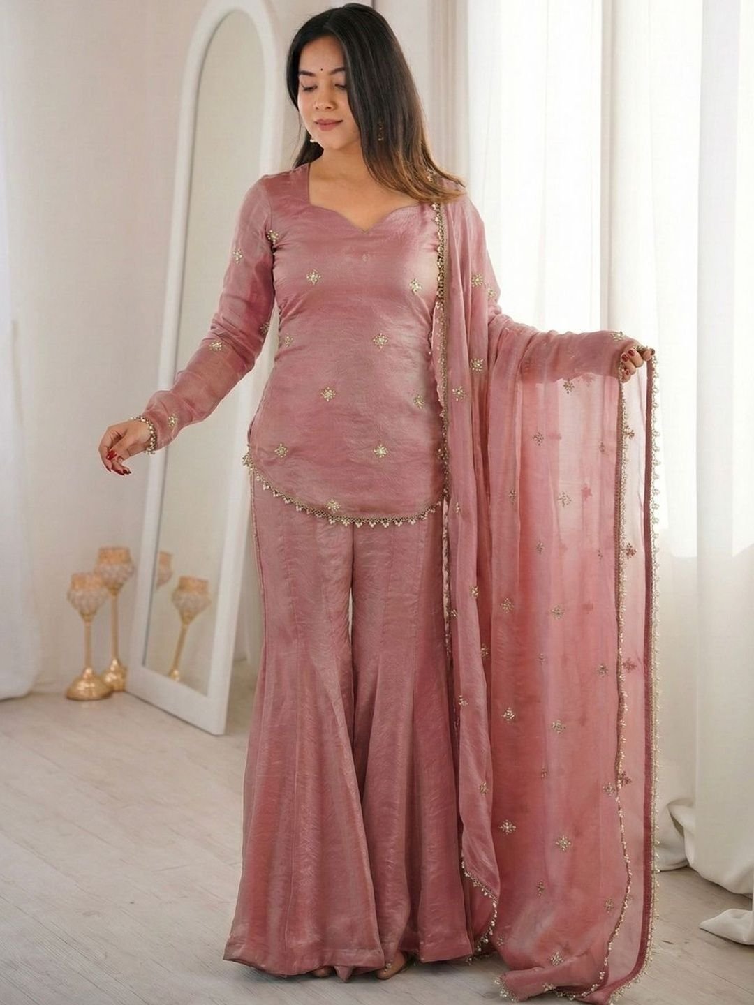Women Ethnic Motifs Embroidered Regular Raw Silk Kurta with Sharara & With Dupatta - Image 4