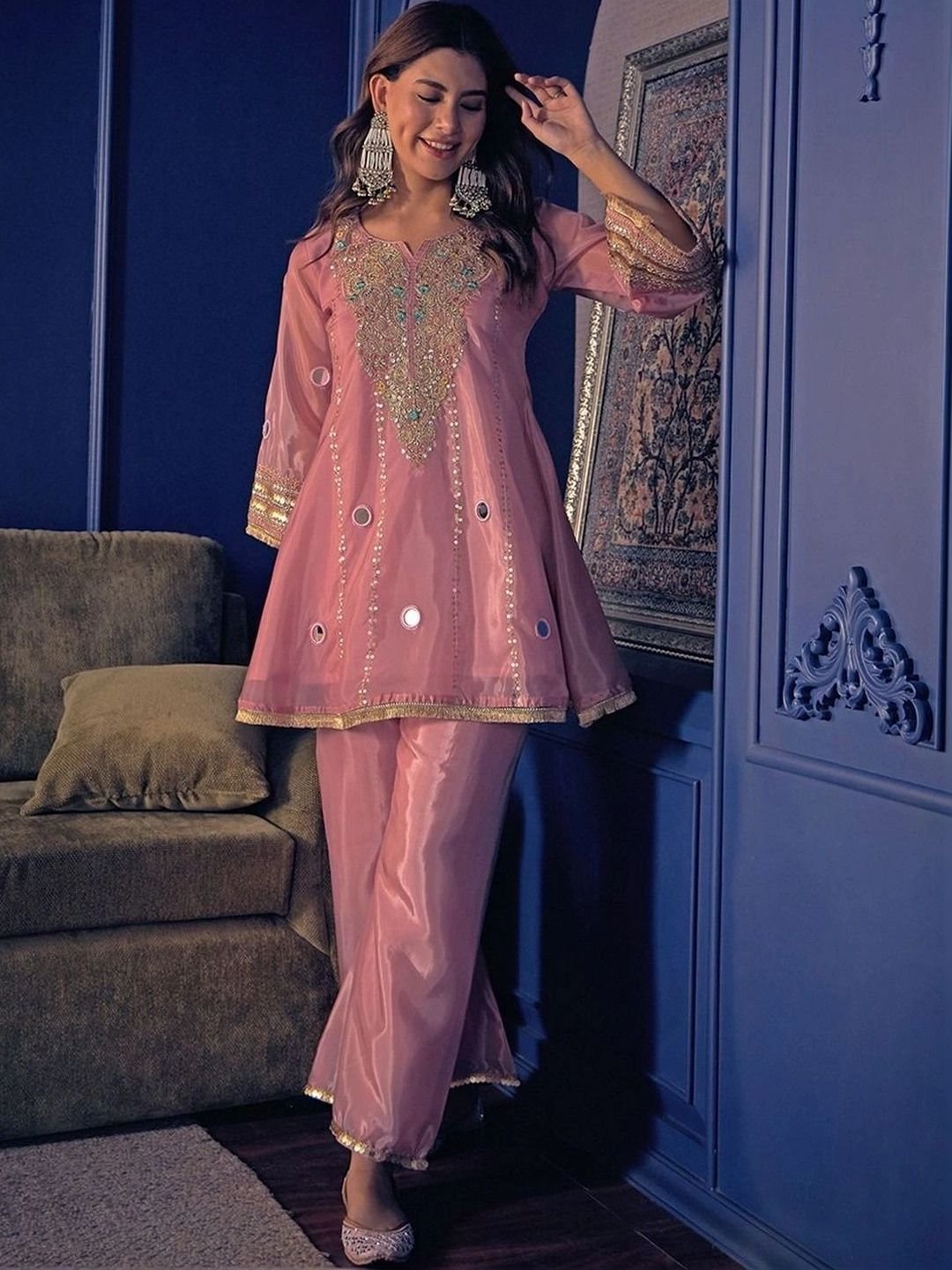 Ethnic Motifs Embroidered Regular Mirror Work Silk Crepe Kurta with Palazzos
