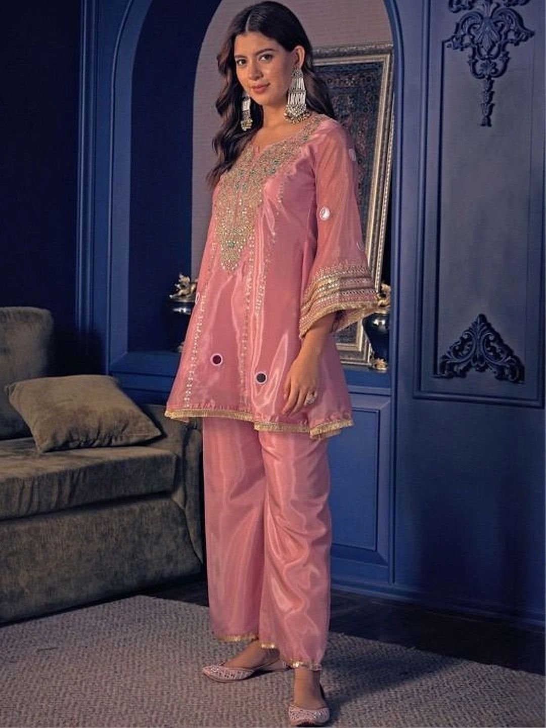 Ethnic Motifs Embroidered Regular Mirror Work Silk Crepe Kurta with Palazzos - Image 2