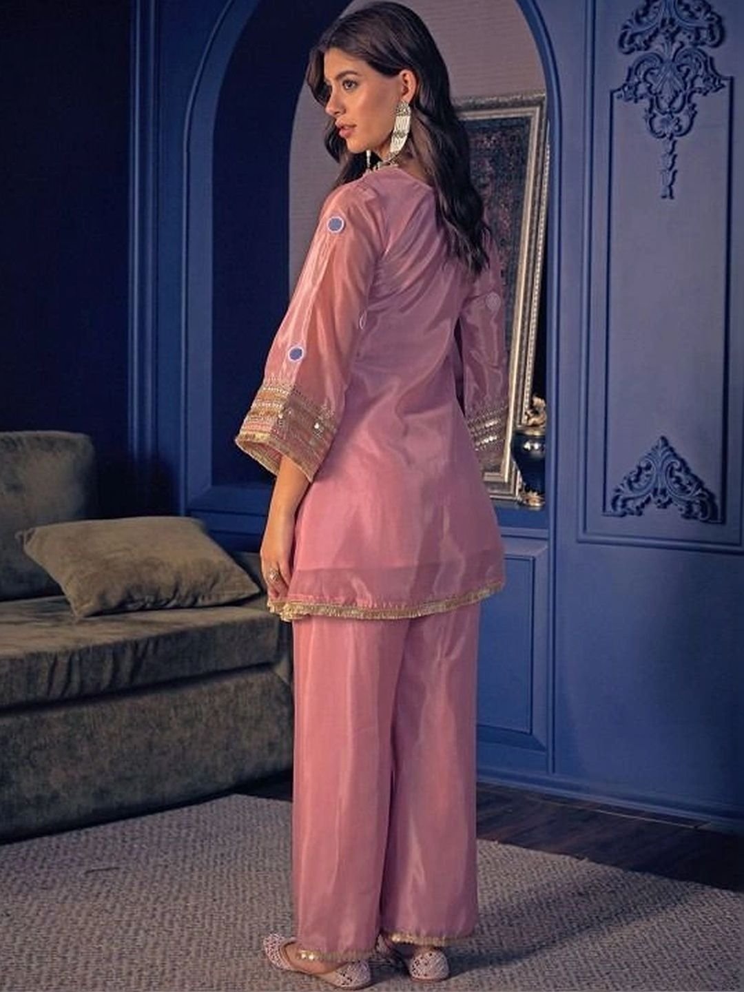 Ethnic Motifs Embroidered Regular Mirror Work Silk Crepe Kurta with Palazzos - Image 3