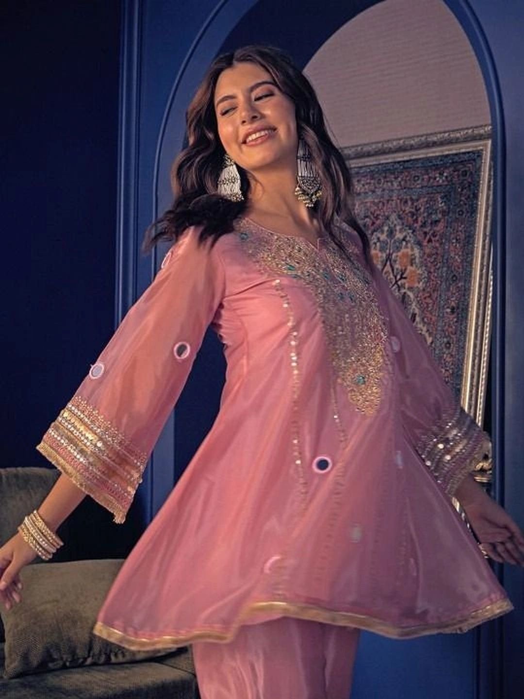 Ethnic Motifs Embroidered Regular Mirror Work Silk Crepe Kurta with Palazzos - Image 4