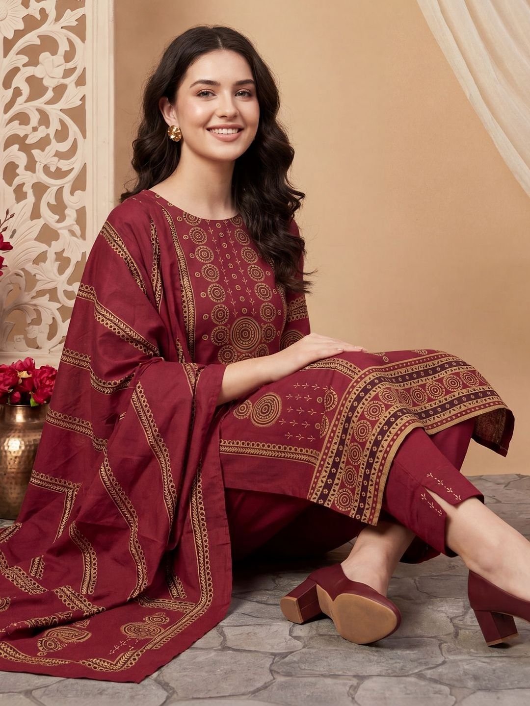Indo Era Women Ethnic Motifs Printed Regular Pure Cotton Kurta with Trousers & With Dupatta