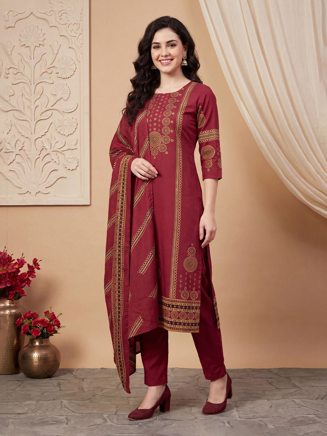 Indo Era Women Ethnic Motifs Printed Regular Pure Cotton Kurta with Trousers & With Dupatta - Image 2