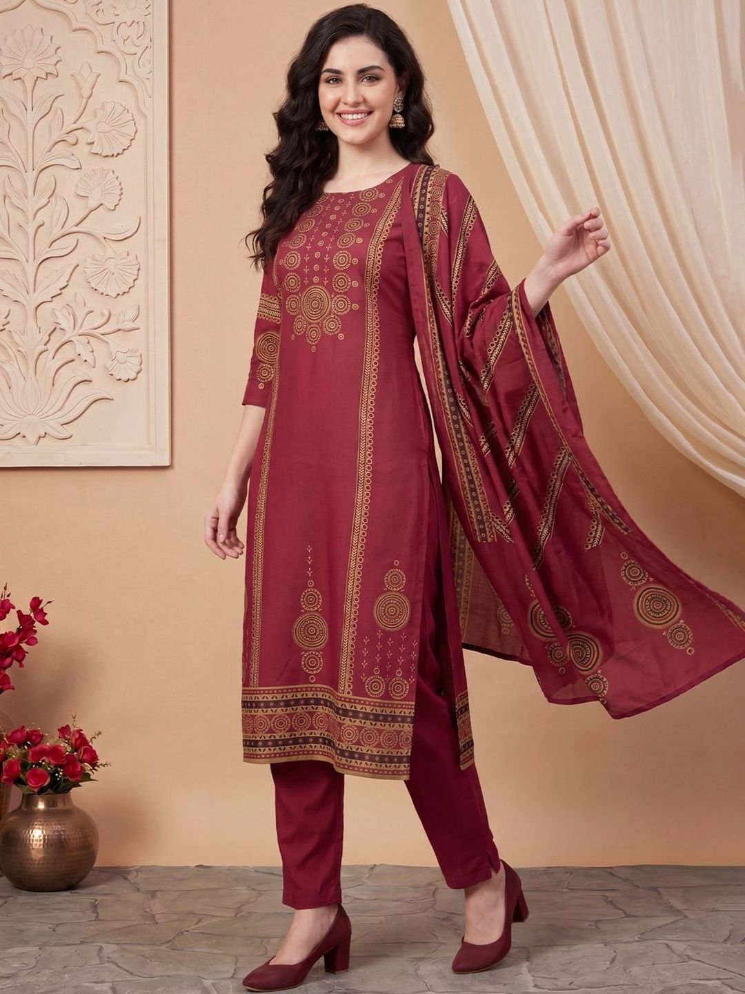 Indo Era Women Ethnic Motifs Printed Regular Pure Cotton Kurta with Trousers & With Dupatta - Image 4