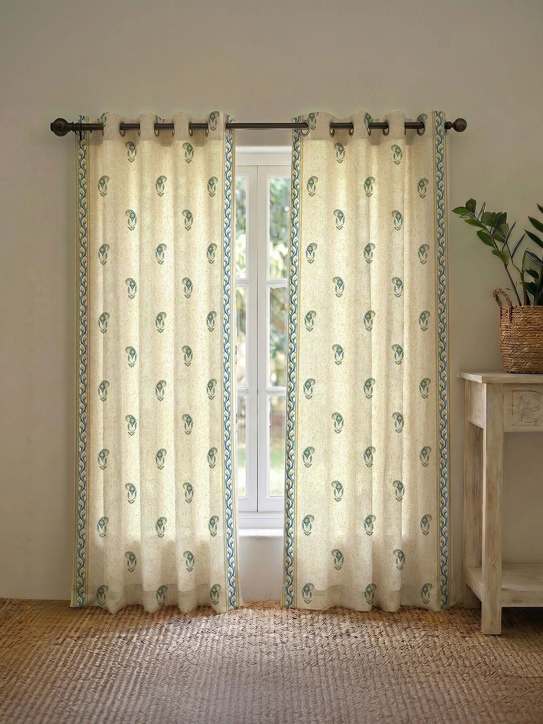 Teal & Beige Set of 2 Floral Window Curtain