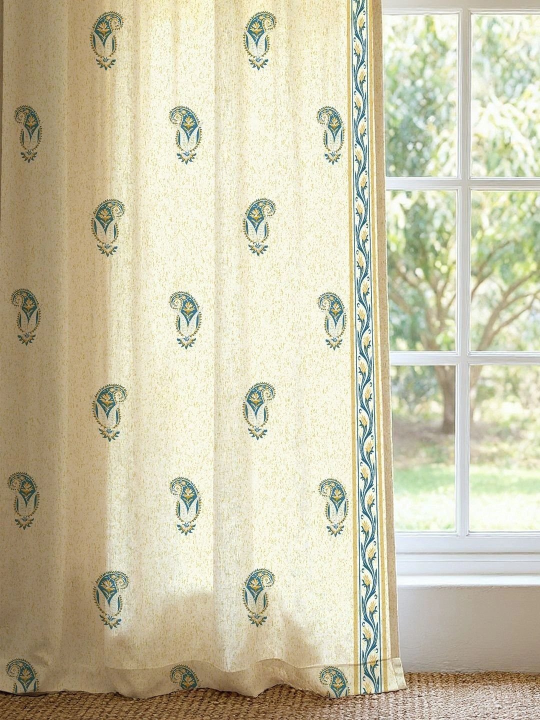Teal & Beige Set of 2 Floral Window Curtain - Image 2