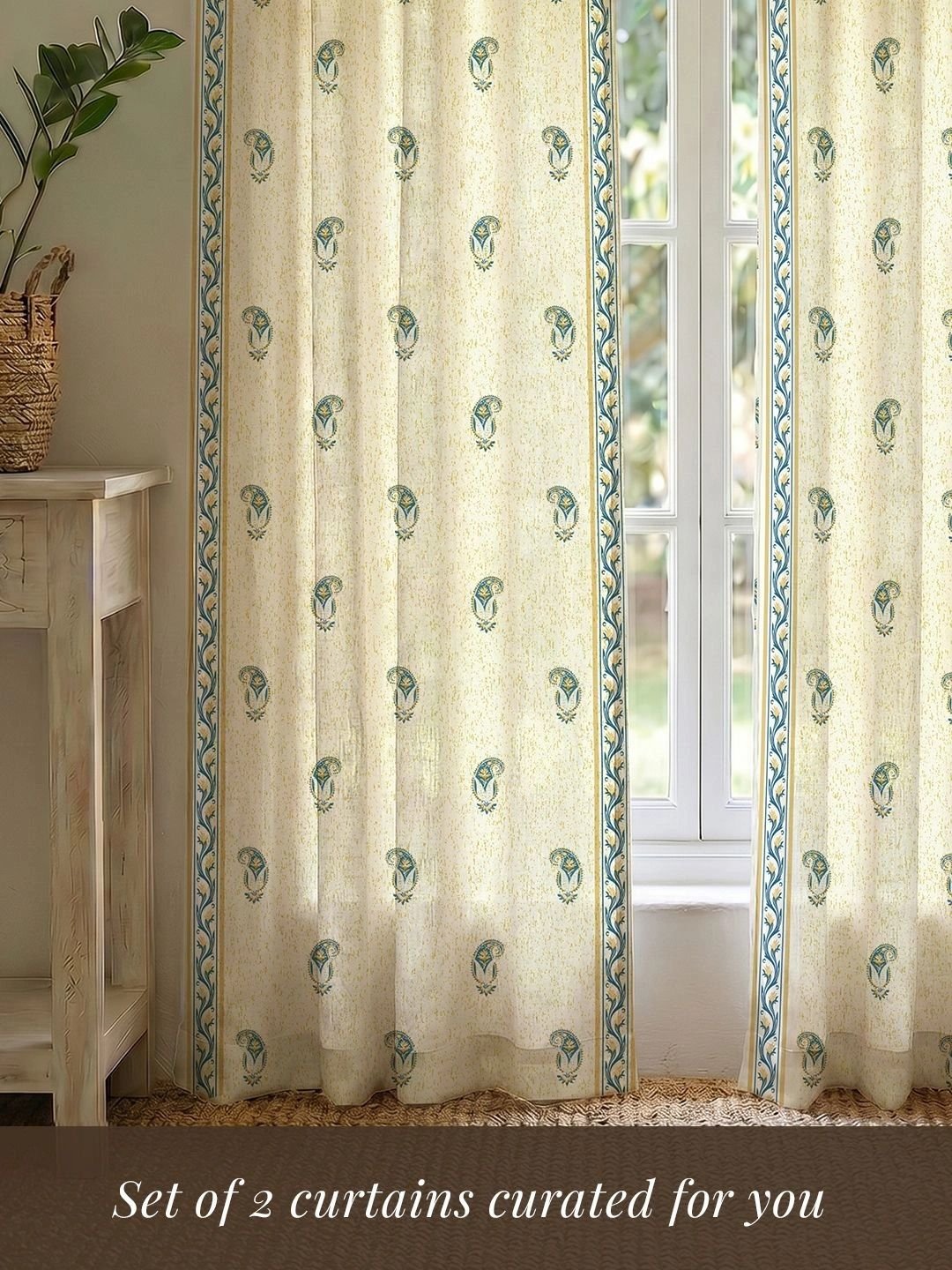 Teal & Beige Set of 2 Floral Window Curtain - Image 3
