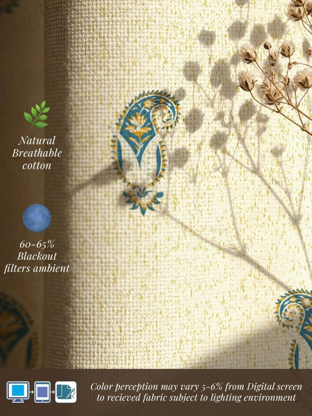 Teal & Beige Set of 2 Floral Window Curtain - Image 4