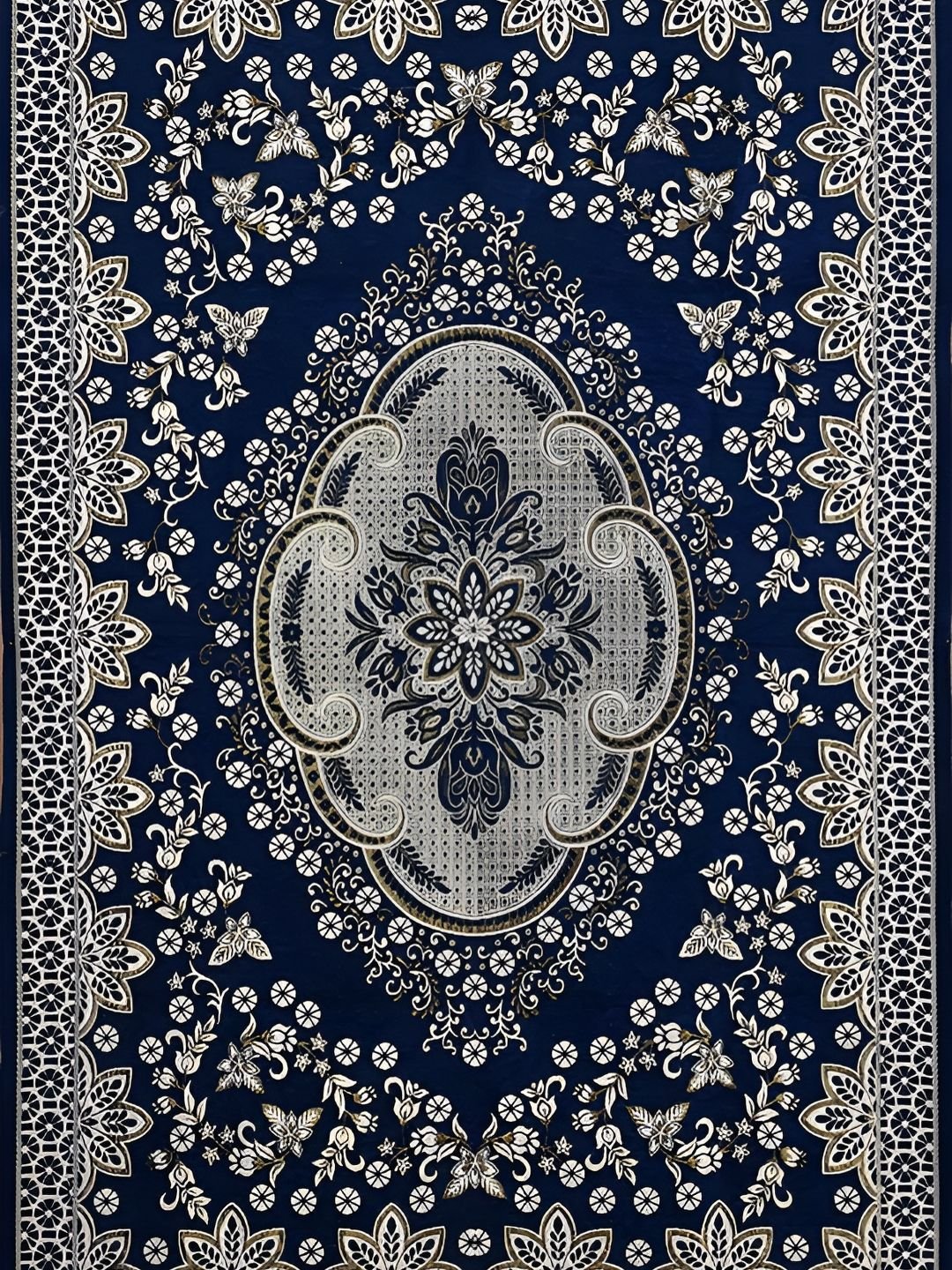 Sparrow world Blue & White Floral Printed Velvet Chennille Rectangular Carpet - Image 2