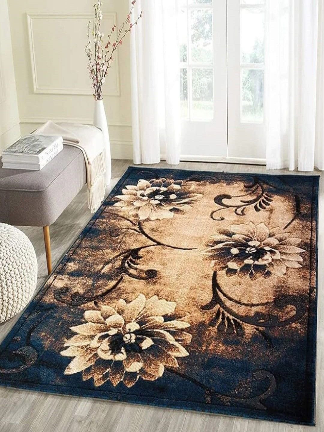 Samjeeda Handloom carpets Teal Blue & Beige Floral Printed Carpet