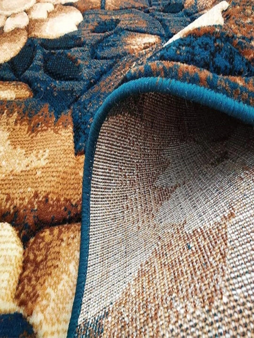 Samjeeda Handloom carpets Teal Blue & Beige Floral Printed Carpet - Image 4