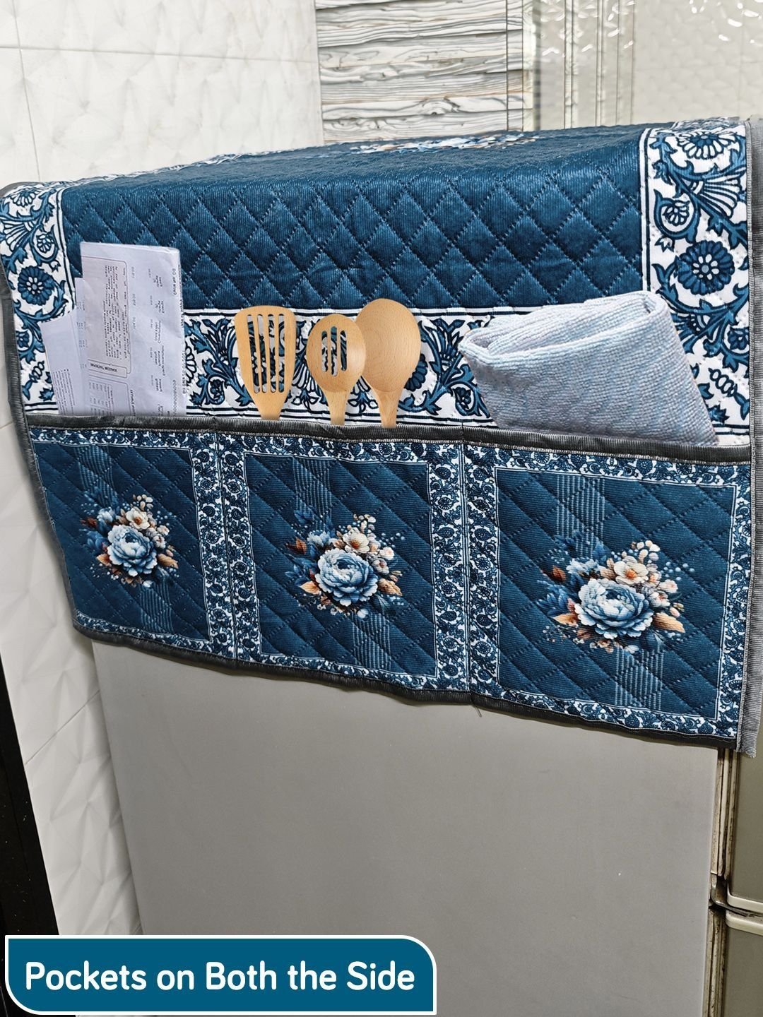 HOKIPO Ocean Blossom Quilted Fridge Cover with Side Pockets 55x130cm - Image 3