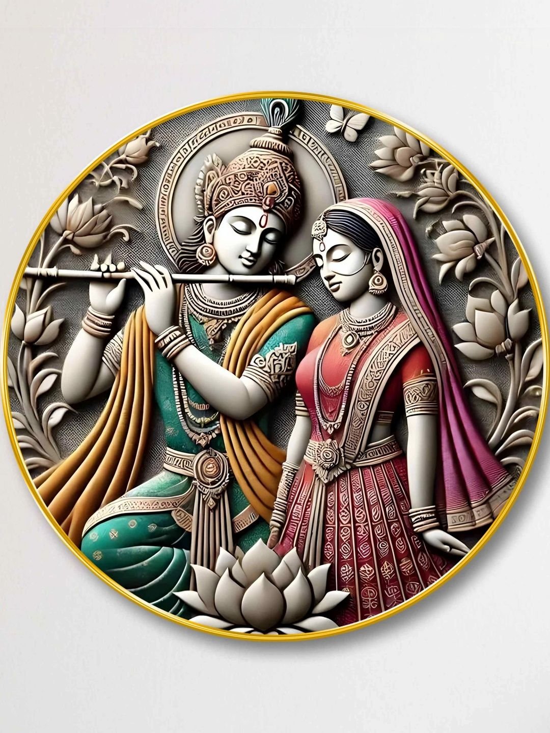 Grey And Blue Radha Krishna 3D Printed Religious Wall Art