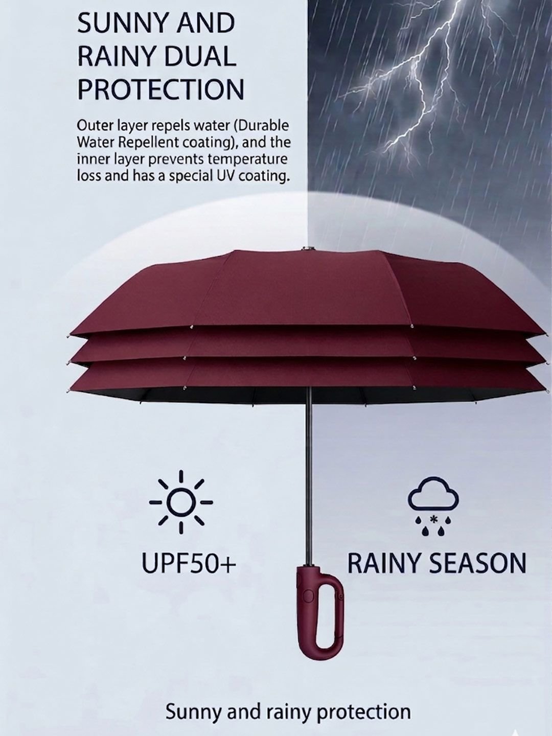 FABINALIV Maroon Solid Auto ON/OFF Waterproof Automatic Compact Umbrella - Image 4