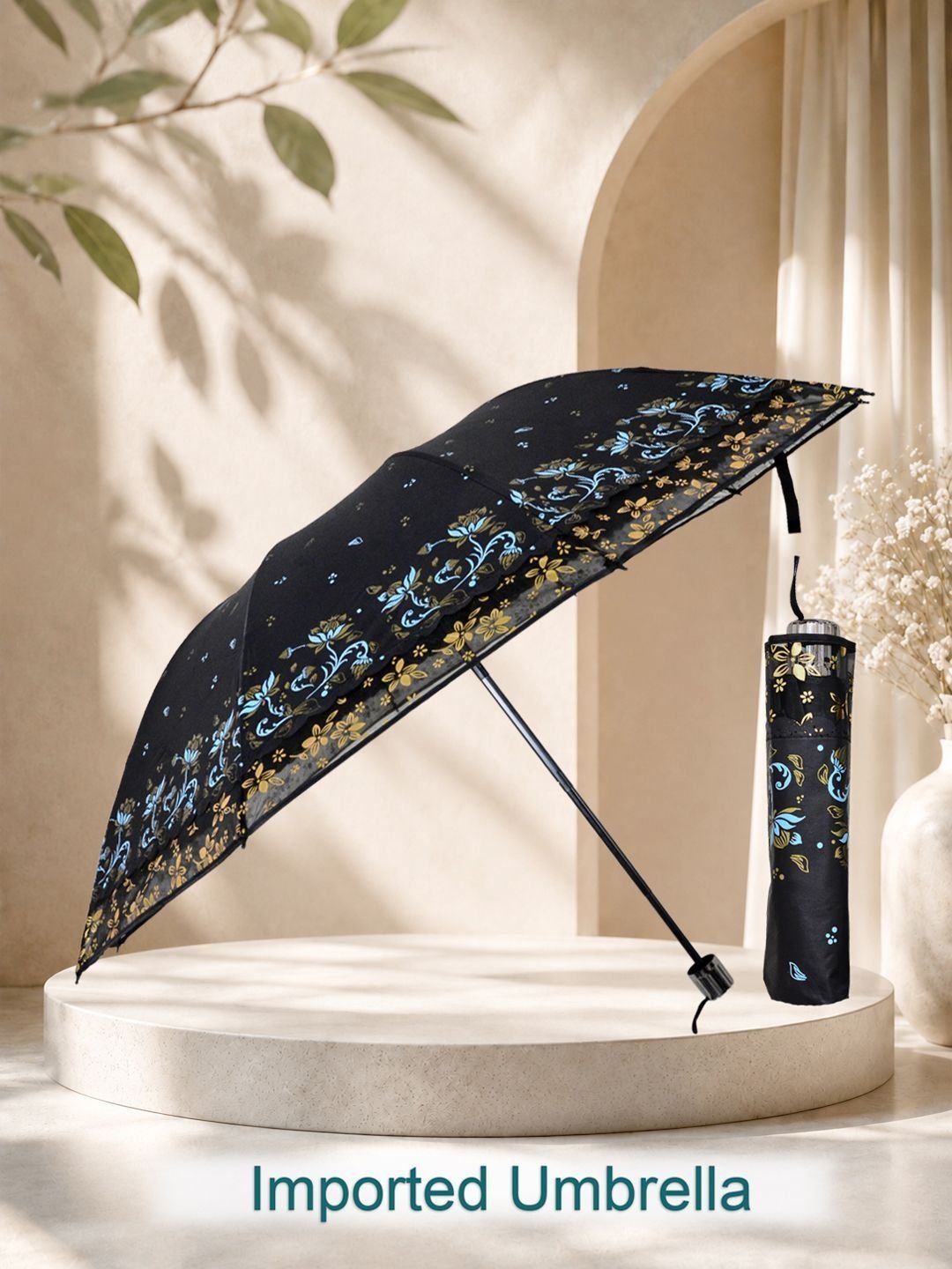 FABINALIV Black Floral Waterproof 3 Fold Compact Printed Umbrella