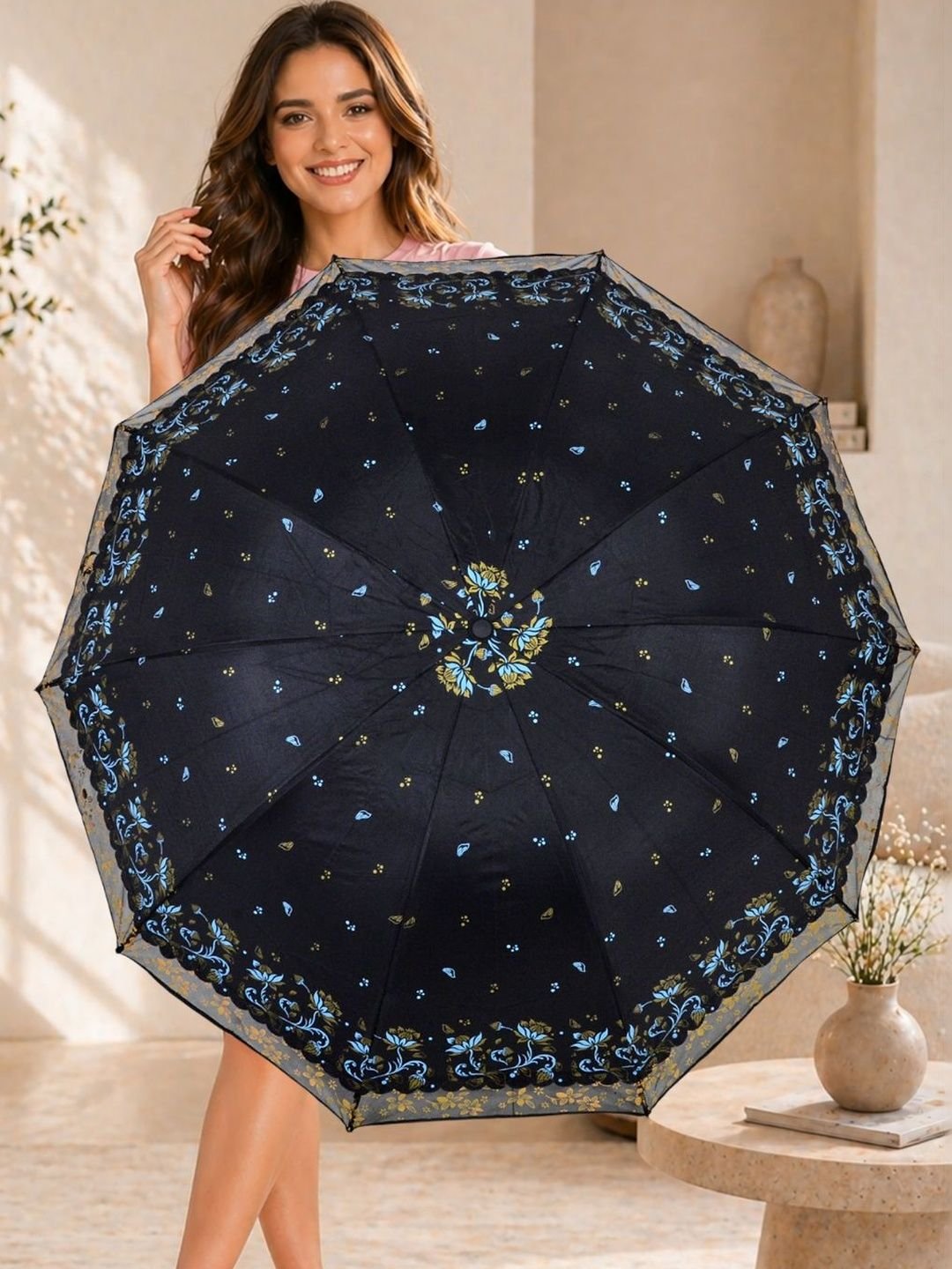FABINALIV Black Floral Waterproof 3 Fold Compact Printed Umbrella - Image 3