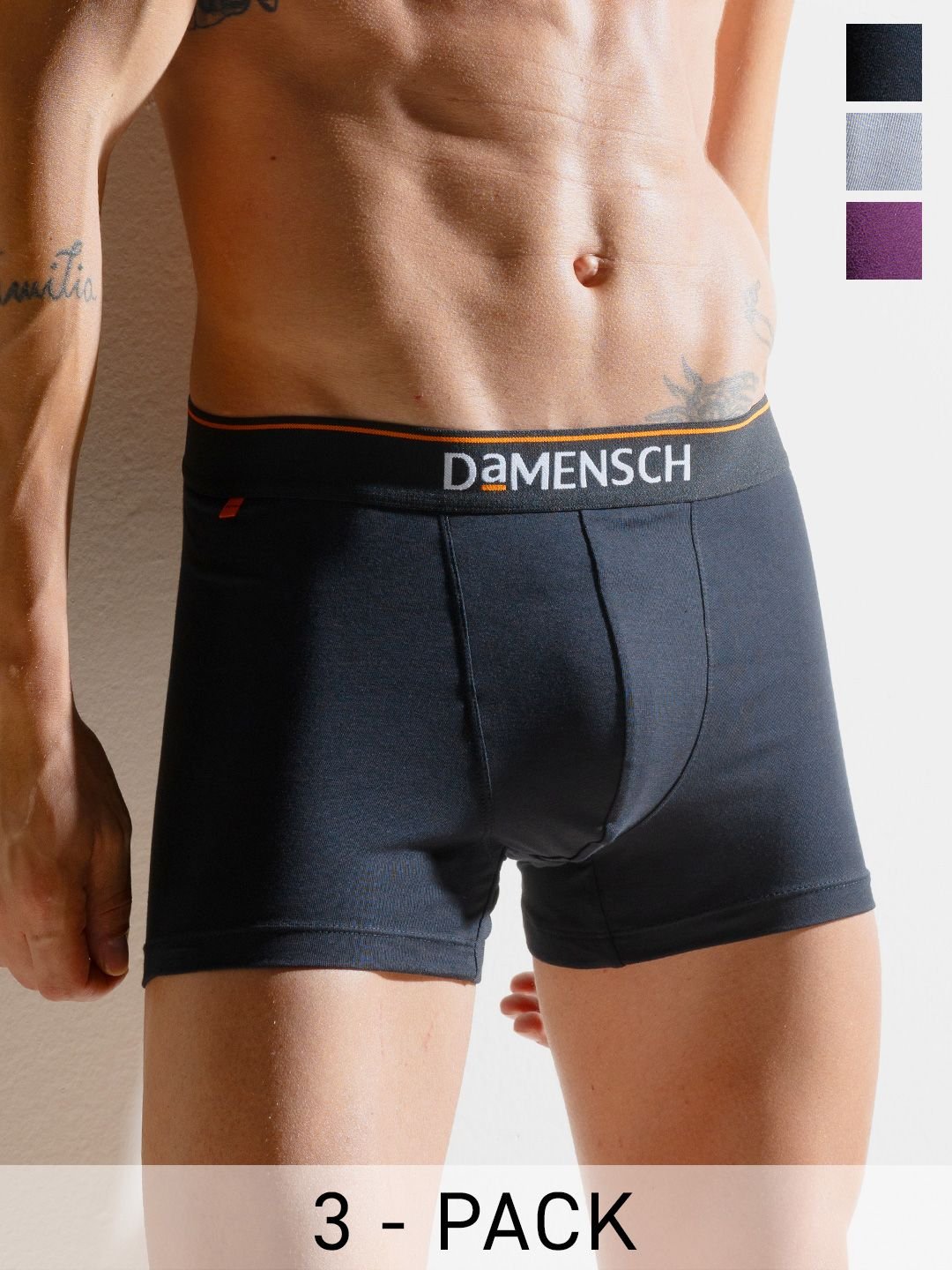 DAMENSCH Men Pack Of 3 Solid Trunks DAM-CTS-T-VOV-BKN-SRY-PACK-3