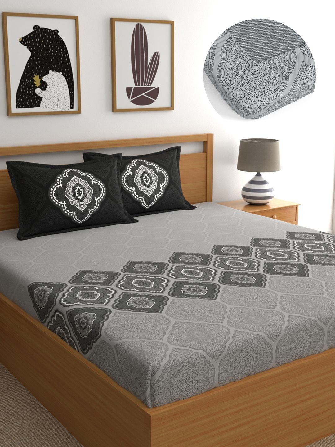 Grey Ethnic Motifs Cotton 140 TC Fitted Super King Bedsheet with 2 Pillow Covers-72 x 78 inches
