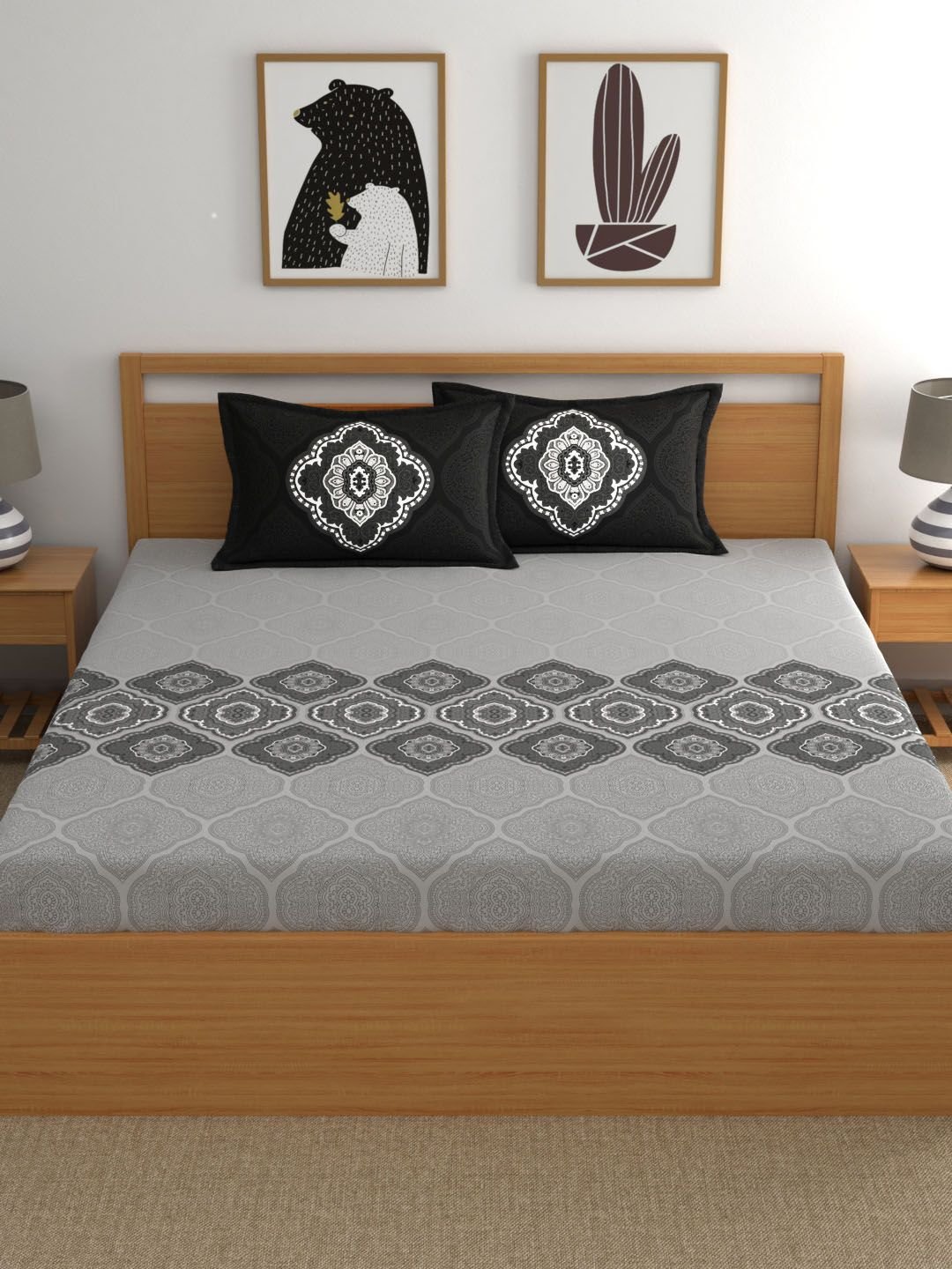 Grey Ethnic Motifs Cotton 140 TC Fitted Super King Bedsheet with 2 Pillow Covers-72 x 78 inches - Image 2