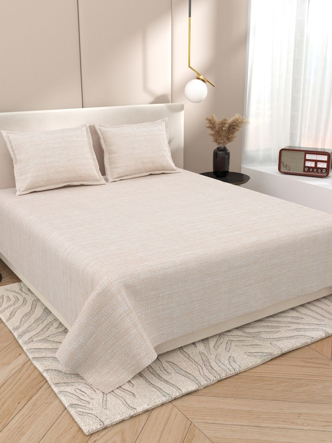 DREAM WEAVERZ Beige Pure Cotton 220 TC King Superfine Bedsheet Set-108 x 89 inches