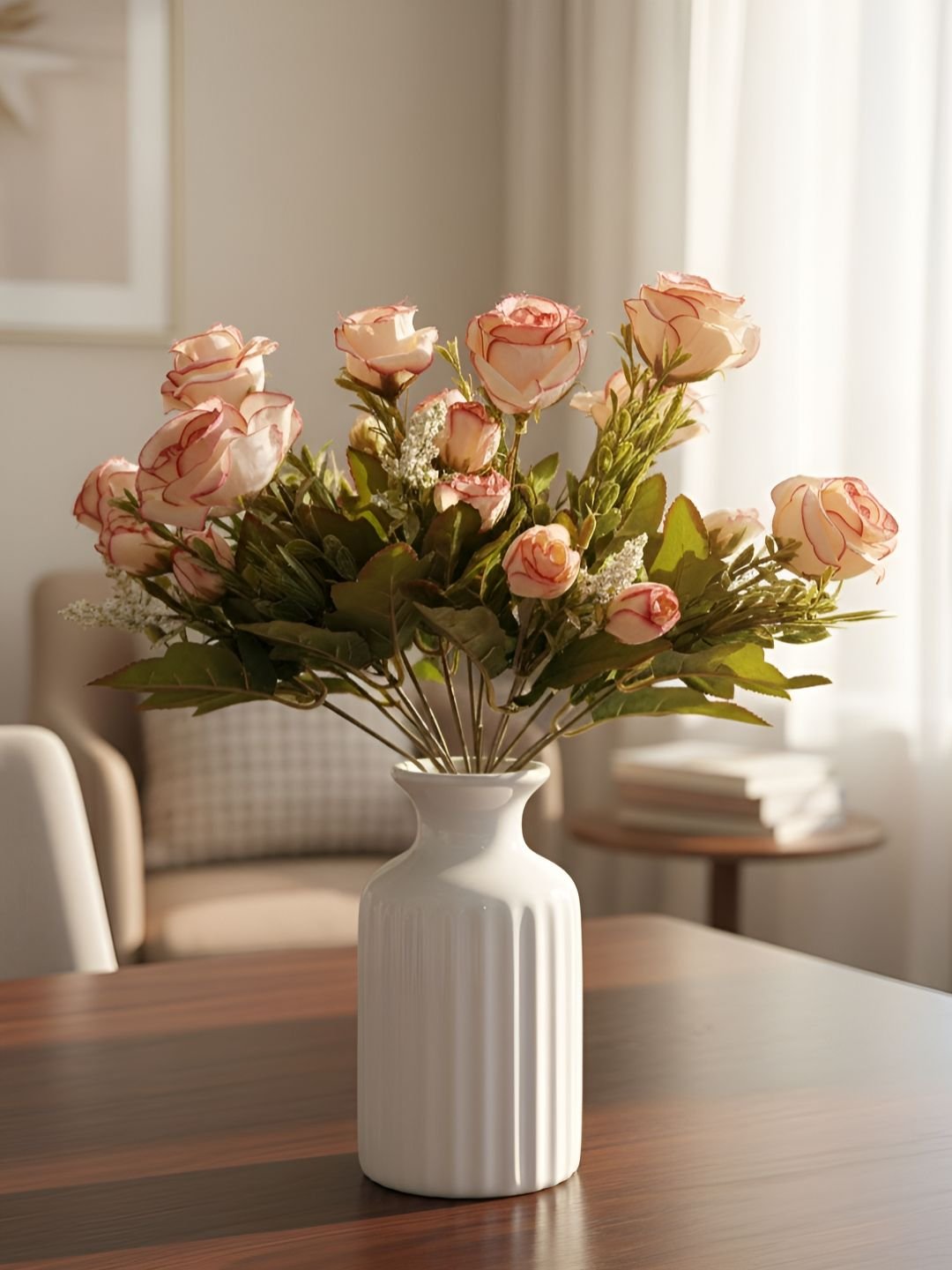 Peach & Green 2 Pieces Rose Artificial Flower