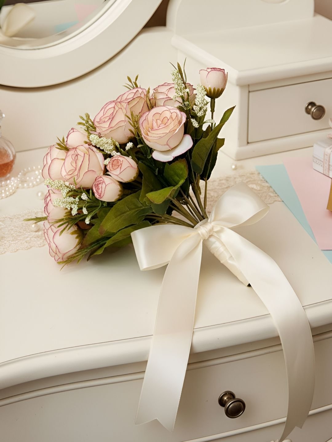 Peach & Green 2 Pieces Rose Artificial Flower - Image 4