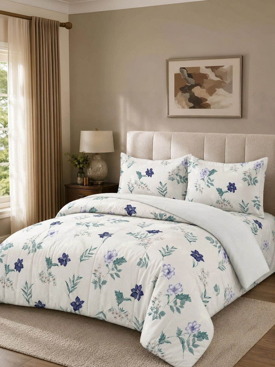 Nivasam Off White & Blue Floral Cotton 4 Piece Double King Superfine Bedding Set