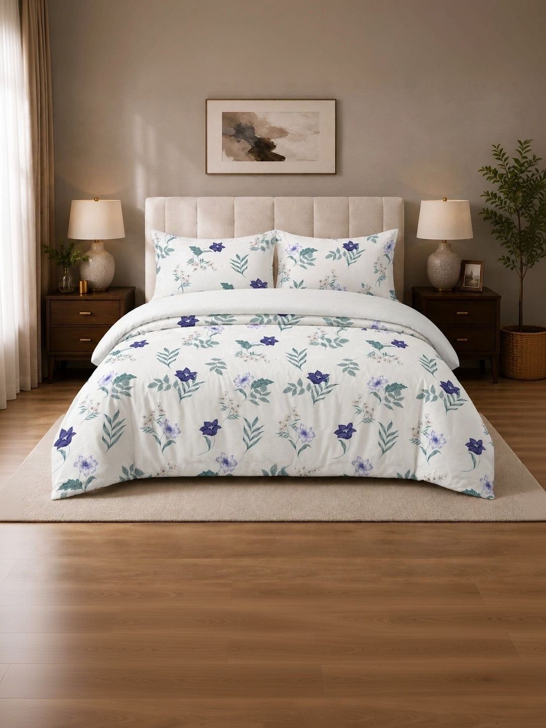 Nivasam Off White & Blue Floral Cotton 4 Piece Double King Superfine Bedding Set - Image 2