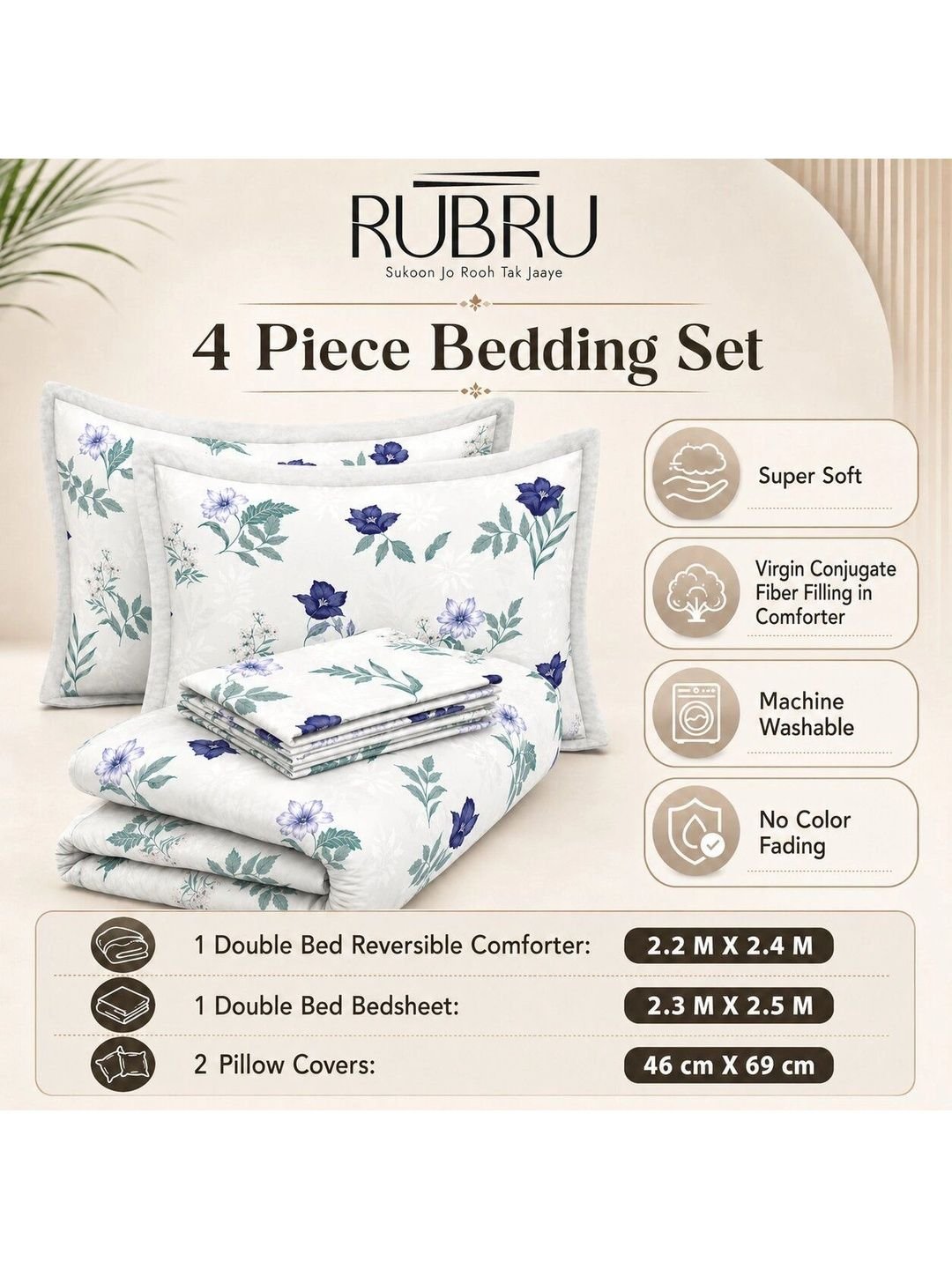 Nivasam Off White & Blue Floral Cotton 4 Piece Double King Superfine Bedding Set - Image 3
