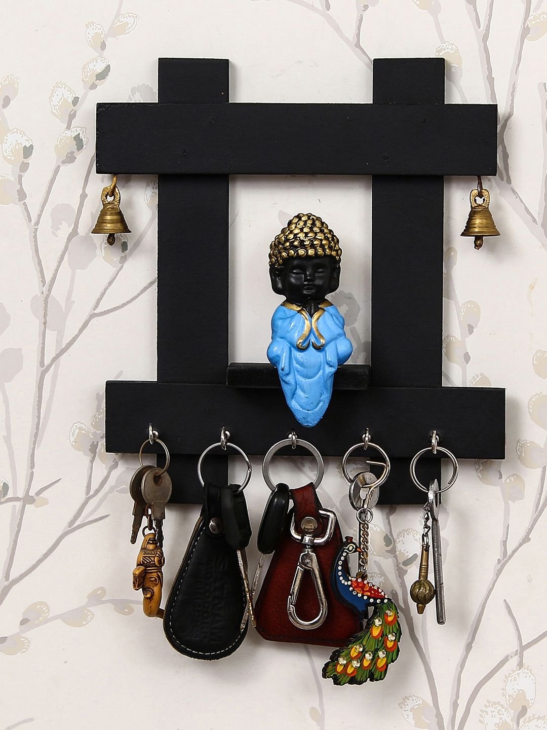 Black & Blue Peaceful Buddha Sitting Wooden Keyholder with 5 Key Knobs