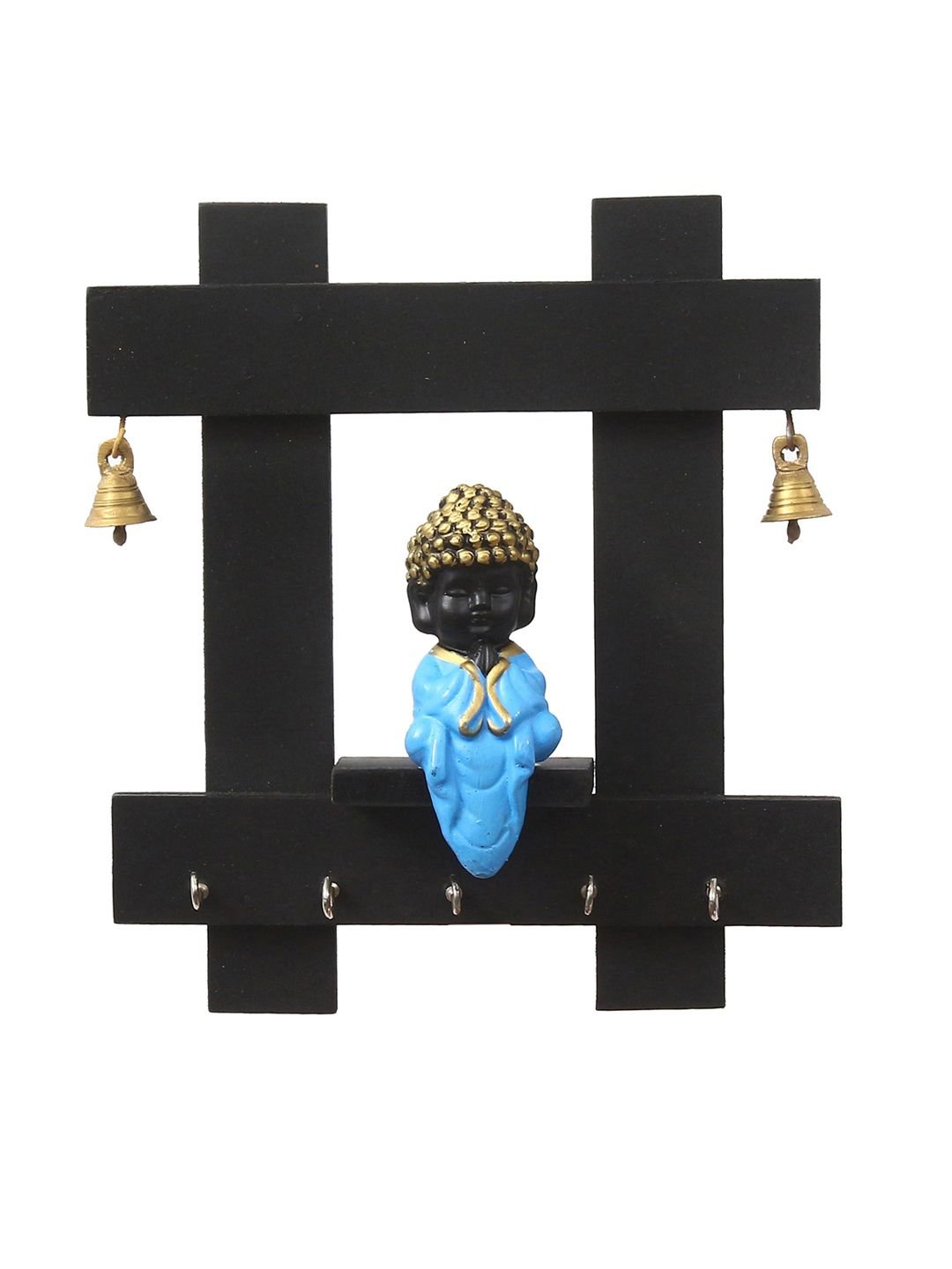 Black & Blue Peaceful Buddha Sitting Wooden Keyholder with 5 Key Knobs - Image 3