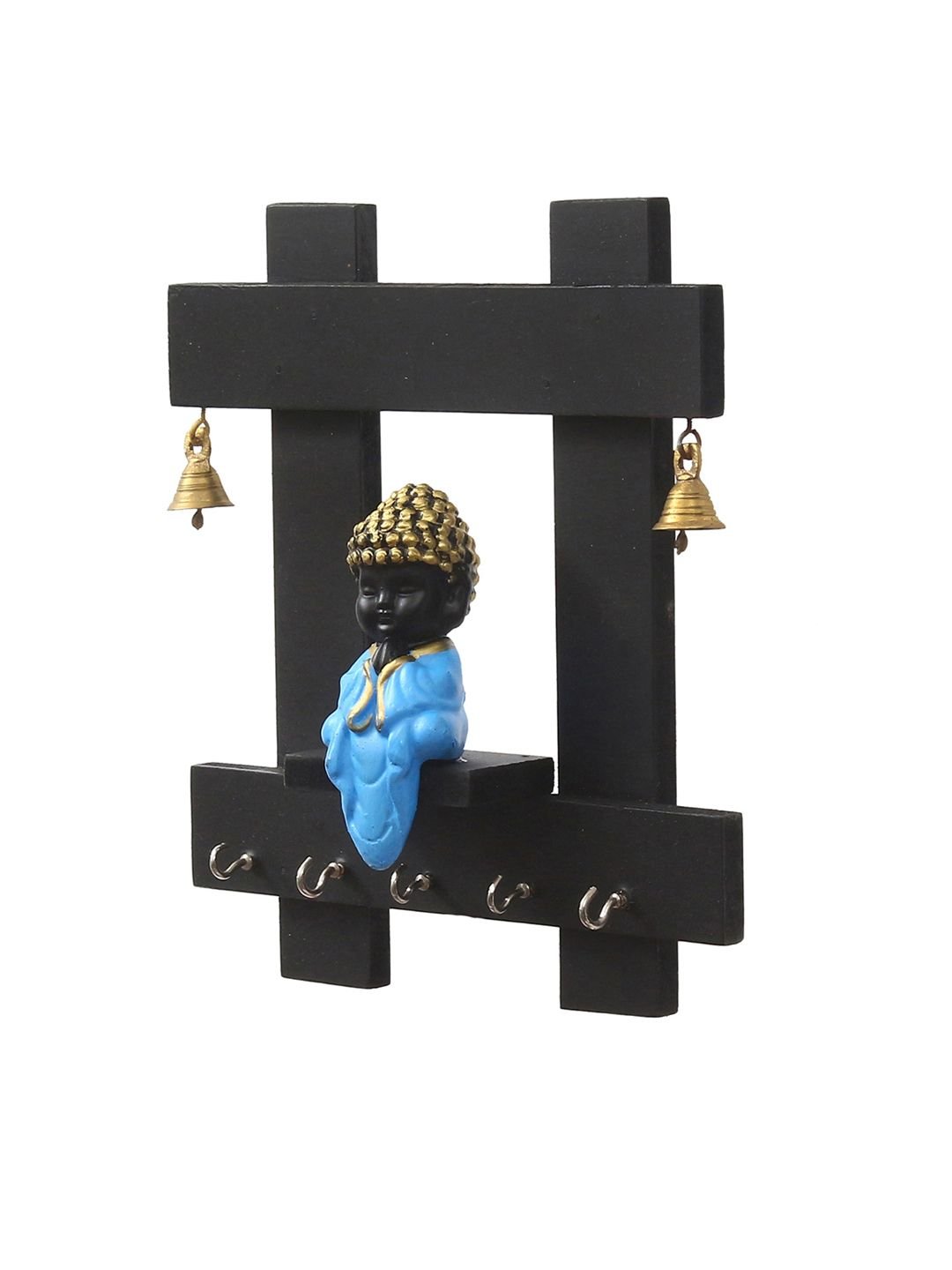 Black & Blue Peaceful Buddha Sitting Wooden Keyholder with 5 Key Knobs - Image 4