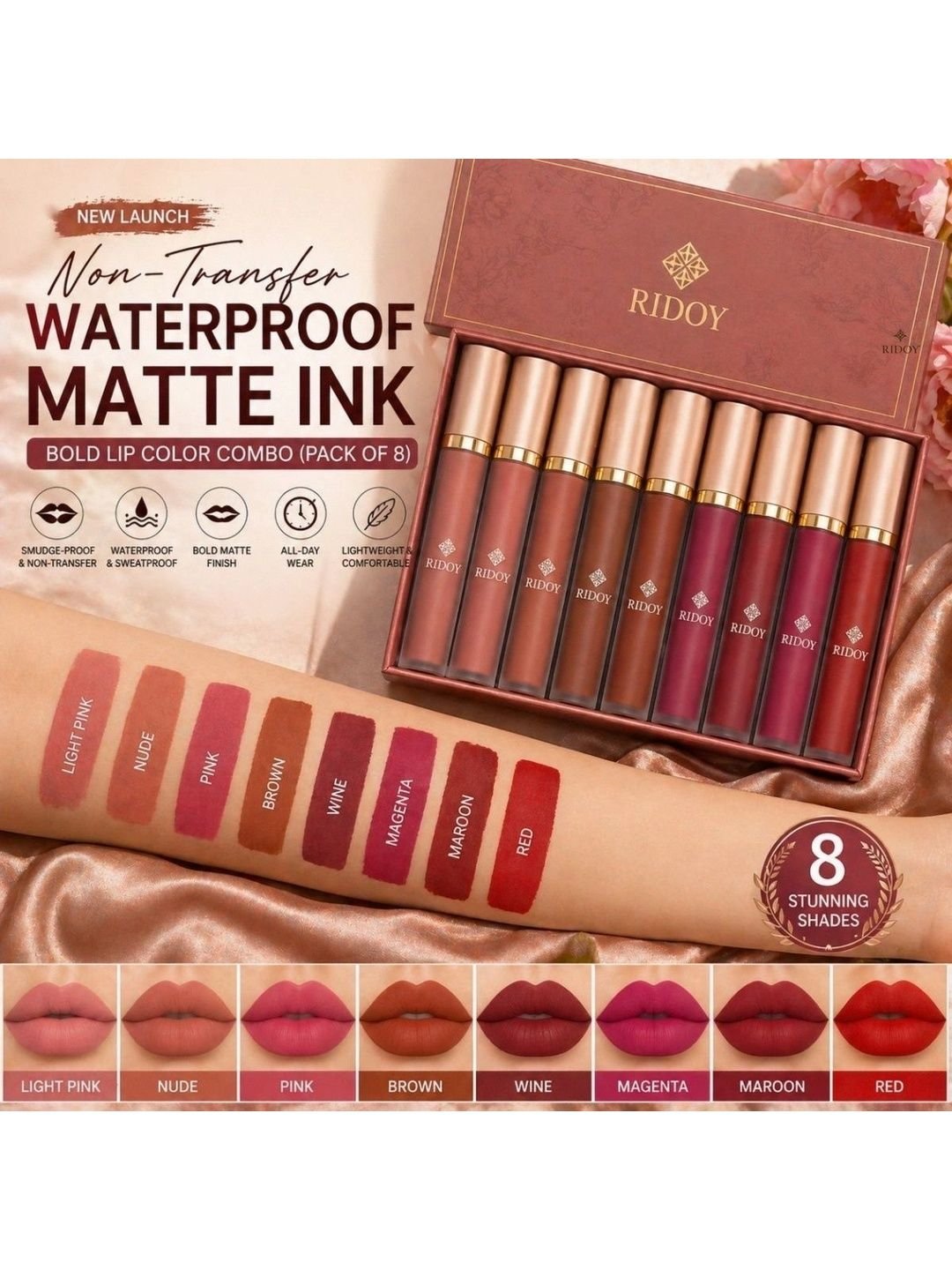ridoy Set Of 8 Waterproof Liquid Matte Lipstick-3 ml Each - Light Pink-Maroon-Brown-Magent