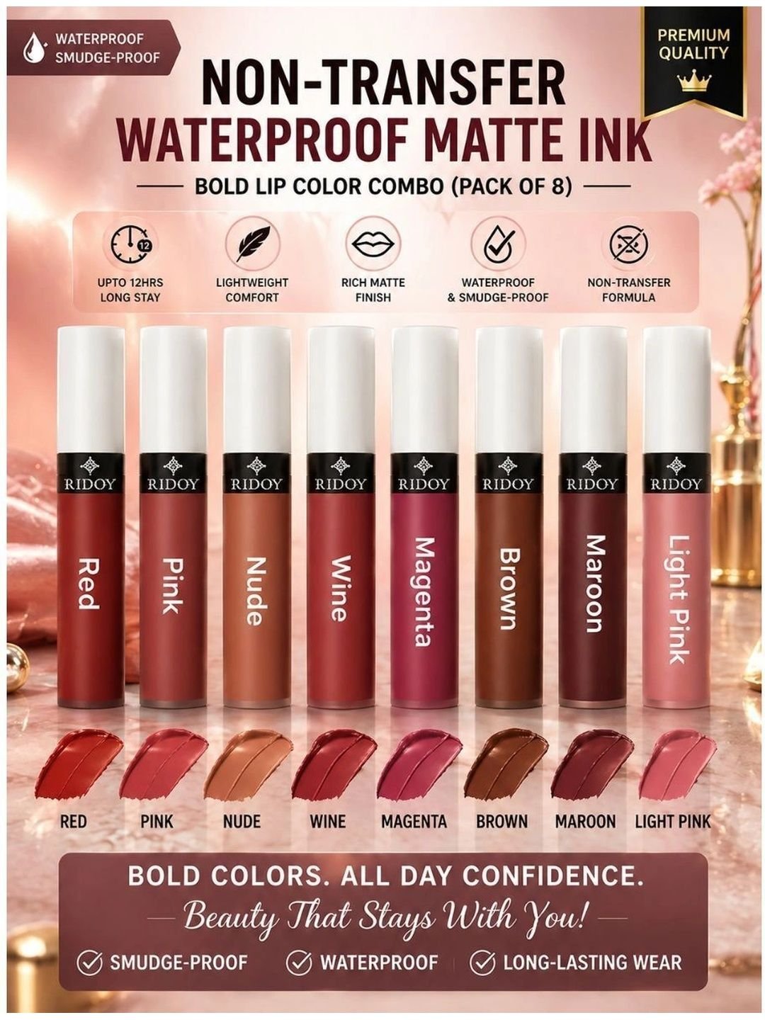 ridoy Set Of 8 Waterproof Liquid Matte Lipstick-3 ml Each - Light Pink-Maroon-Brown-Magent - Image 4