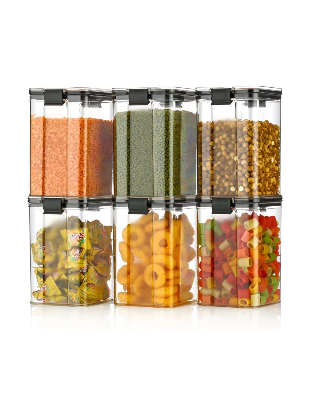 Set of 6 Black Airtight Plastic Kitchen Storage Containers 1100 ml