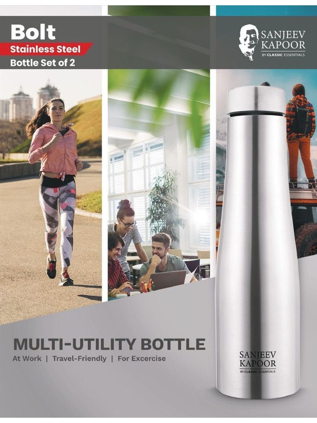 Classic Essentials Silver-Toned Single Stainless Steel Solid Water Bottle - Image 3