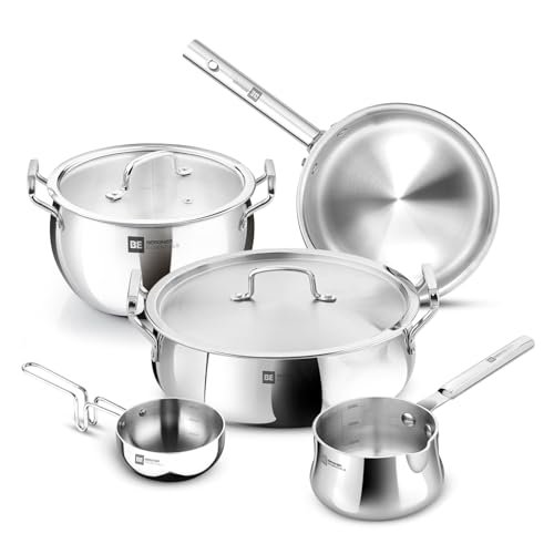 Bergner BE Essentials TriPro Tri-Ply 7 Pcs Cookware Set of Rice Handi 24cm (5.5 L) with Lid, Biryani Handi 28cm (6.4 L) with Lid, Sautepan 22cm (2 L), Coffee Warmer 12cm (800ml), Tadkapan 10cm (300ml)