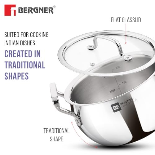 Bergner BE Essentials TriPro Tri-Ply 7 Pcs Cookware Set of Rice Handi 24cm (5.5 L) with Lid, Biryani Handi 28cm (6.4 L) with Lid, Sautepan 22cm (2 L), Coffee Warmer 12cm (800ml), Tadkapan 10cm (300ml) - Image 2