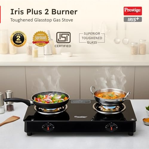 Prestige IRIS Toughened Glass-Top 2 Brass Burner LPG Gas Stove | Black | Spill Proof | Ergonomic Knobs | Tri-Pin Brass Burners |Open - Image 2