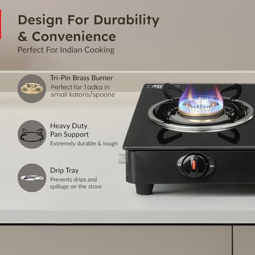 Prestige IRIS Toughened Glass-Top 2 Brass Burner LPG Gas Stove | Black | Spill Proof | Ergonomic Knobs | Tri-Pin Brass Burners |Open - Image 4