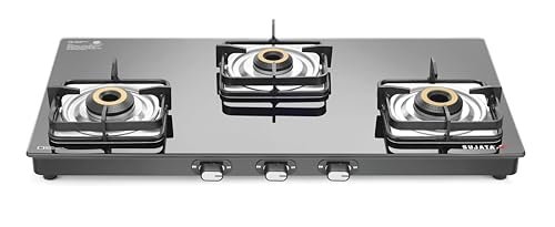 Sujata Gas Stove 3 Burner | Classic Gas Stove Manual Ignition | 9 Years Warranty | 3 Burner Gas Stove Glass Top | SABAF, ISI Certified, LPG & PNG Compatible, Jumbo Brass Burner (Black Colour)
