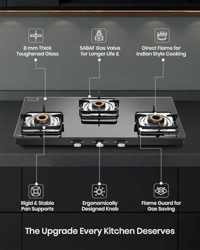 Sujata Gas Stove 3 Burner | Classic Gas Stove Manual Ignition | 9 Years Warranty | 3 Burner Gas Stove Glass Top | SABAF, ISI Certified, LPG & PNG Compatible, Jumbo Brass Burner (Black Colour) - Image 4